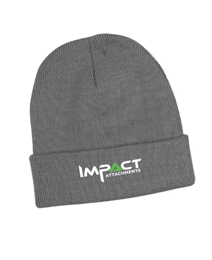 Gray Impact Attachments branded beanie, part of the official merchandise collection, ideal for cold weather.